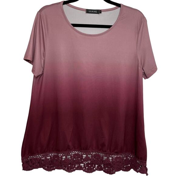 Uuang Ombre Short Sleeves Round Neck Lace Hem Blouse Top Pink/Red Women's Size L - Picture 1 of 11